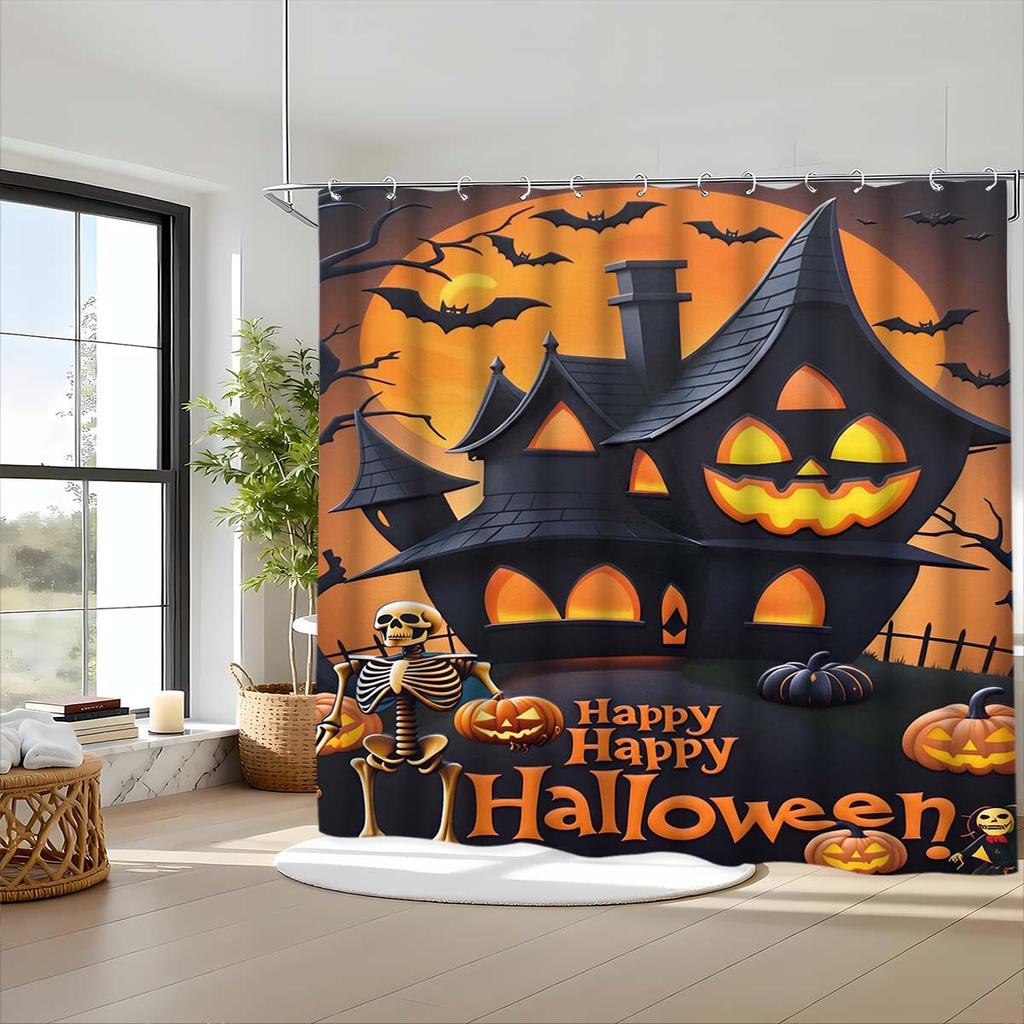 Halloween Pumpkin Ghost Skeleton Polyester Shower Curtain Bathroom Curtain Easy Install Durable Fade Resistant Customized Modern