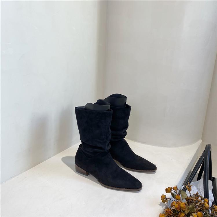 Pleated Pile Boots Retro Pointed Thick Heel Short Boots Western Cowboy Boots Sleeve Knight Boots Women's Summer