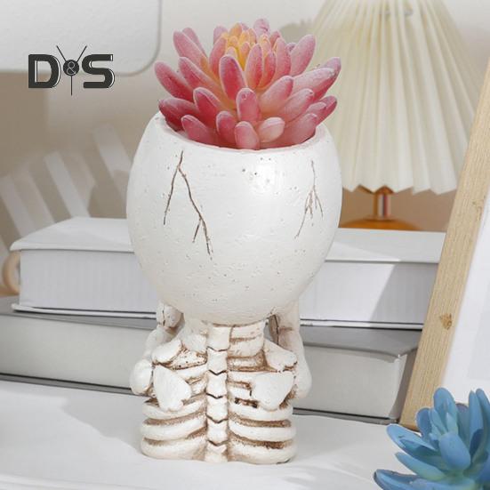 Resin Planter Pot Skull Halloween Skeleton Figurine Flowerpot Indoor Outdoor Succulents Plants Container Home Balcony Garden Decoration