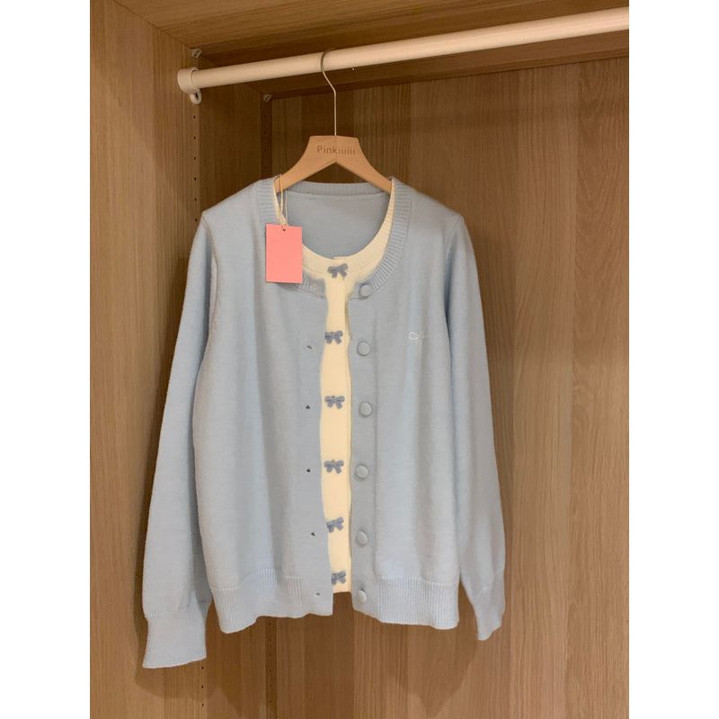 

Популярный корейский кардиган с бантом и синей вставкой, имитирующий двойку, женский весенне-осенний трикотажный верх контрастного цвета высокого качества Blue XL