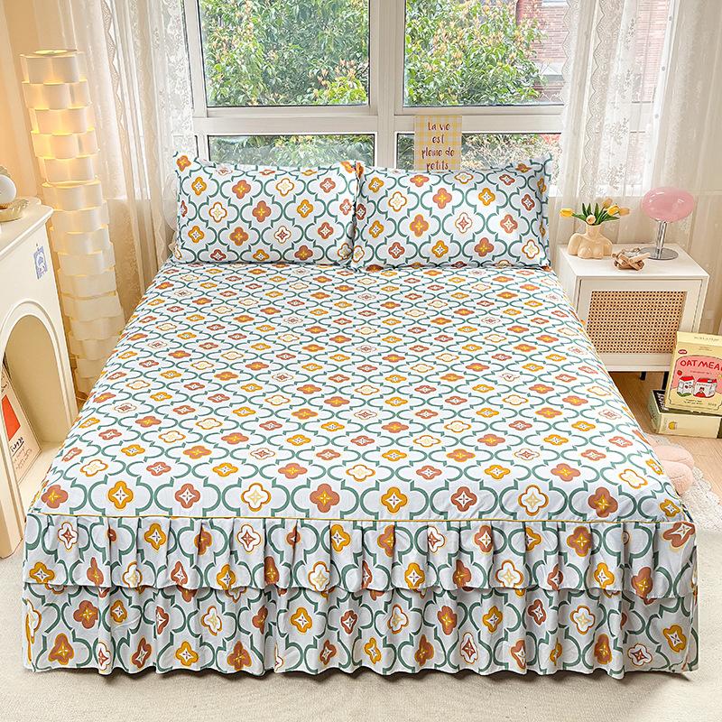 3pcs Modern Korean Floral Bed Skirt Set with Lotus Leaf Embellishments and Princess Floral Pattern, All-Season Brushed Light Beige-Friendly Bedding