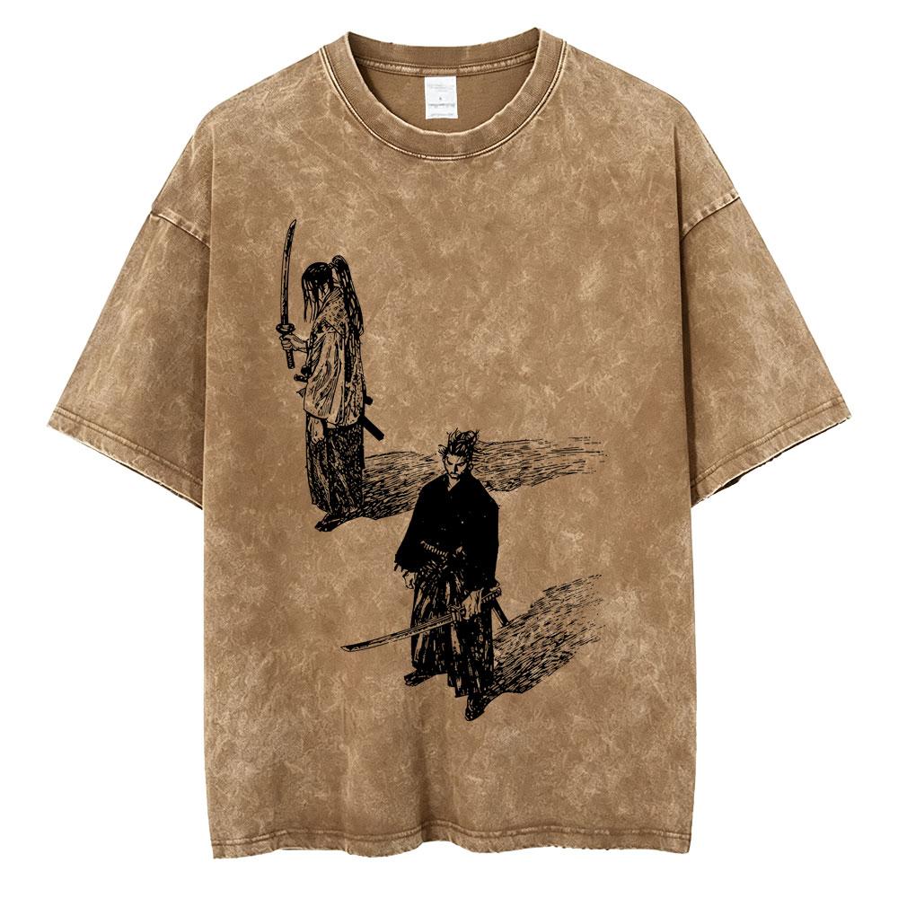 Gewaschenes Vintage Anime Vagabond Miyamoto Musashi Kirschblüten Grafik T-Shirt Herren Damen Lässiges Oversized T-Shirt 90er Jahre Streetwear