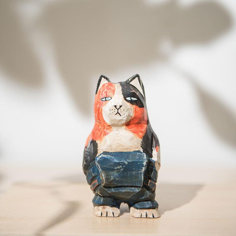 Wooden Cat Sculpture Creative Home Office Desk Ornament For Gifts And Decor