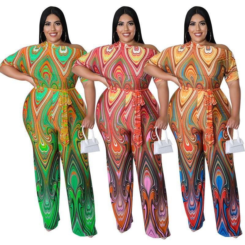 MY928 Plus Size Womens Off-Shoulder Ethnic Print Jumpsuit 2025 Lightweight Knit Romper With Moderate Stretch Straight Leg Pant