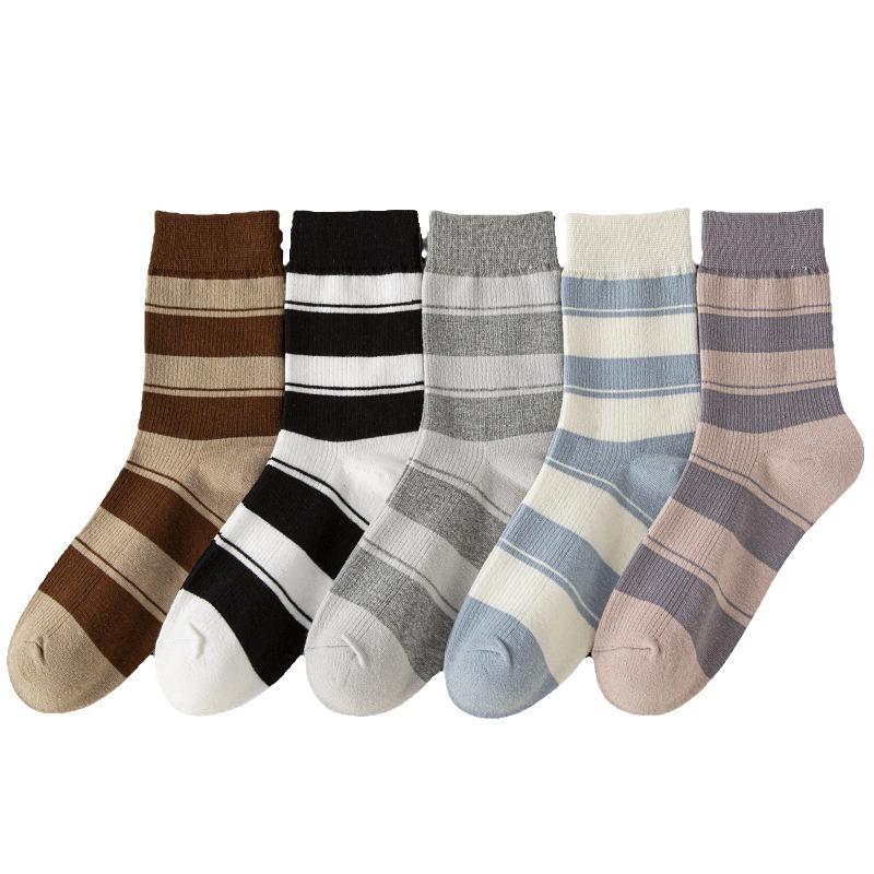 5 Pairs of Women's Autumn and Winter Trendy and Versatile Casual Cotton Striped Mid Calf Boneless Pile Socks