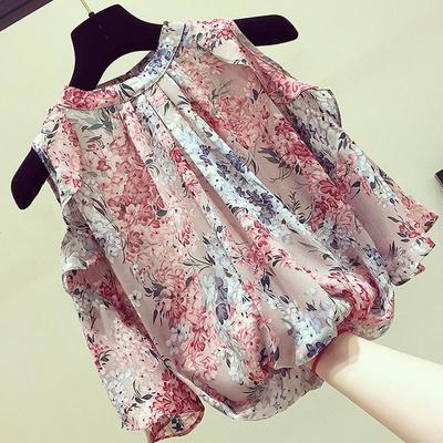 Mode Elegant Floral Schulterfrei Chiffon Hemd Sommer Neu Damenbekleidung Rundhals Rüschen Locker Freizeit Pullover Blusen Weiblich