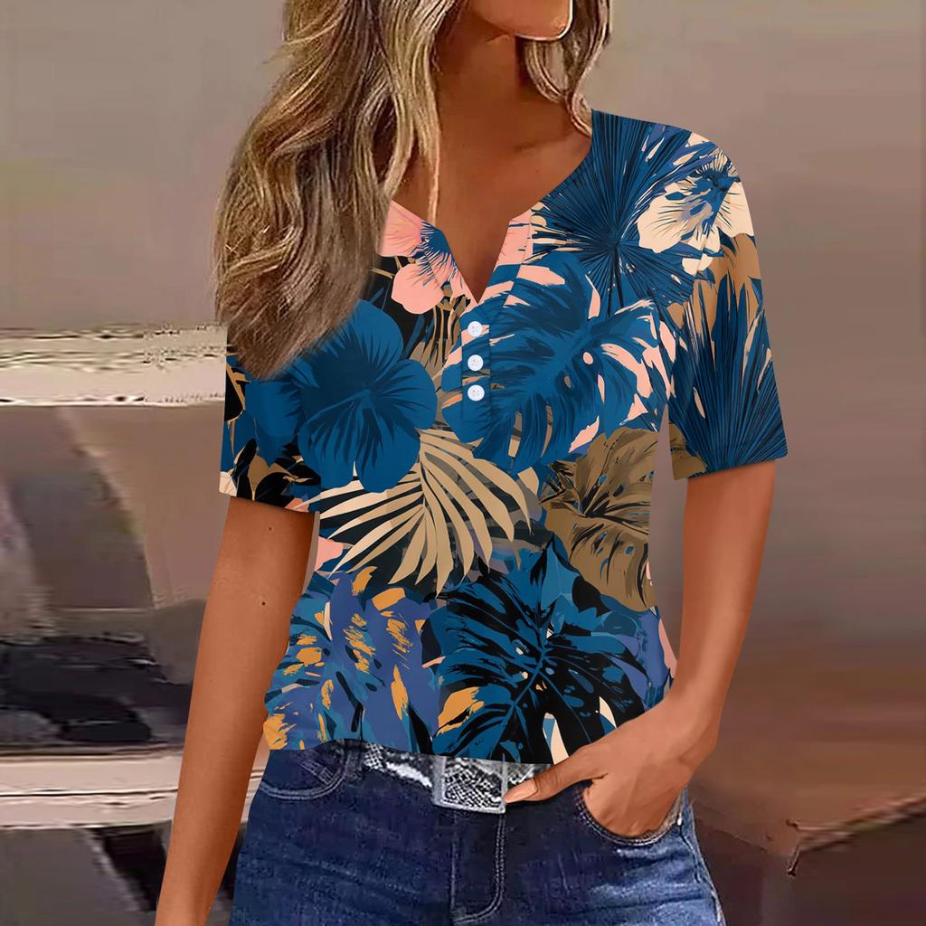 Women's fashionable casual Hawaiian print V-neck short-sleeved button-down T-shirt top