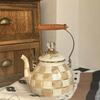 Checkered Black & White Enamel Kettle with Diamond Lid, Wooden Handle, Angled Spout, 2L Capacity - Classic All-Season Teapot