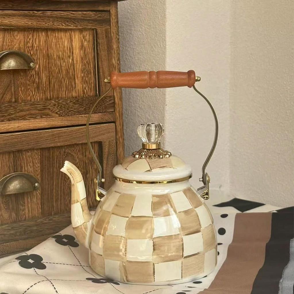 Checkered Black & White Enamel Kettle with Diamond Lid, Wooden Handle, Angled Spout, 2L Capacity - Classic All-Season Teapot