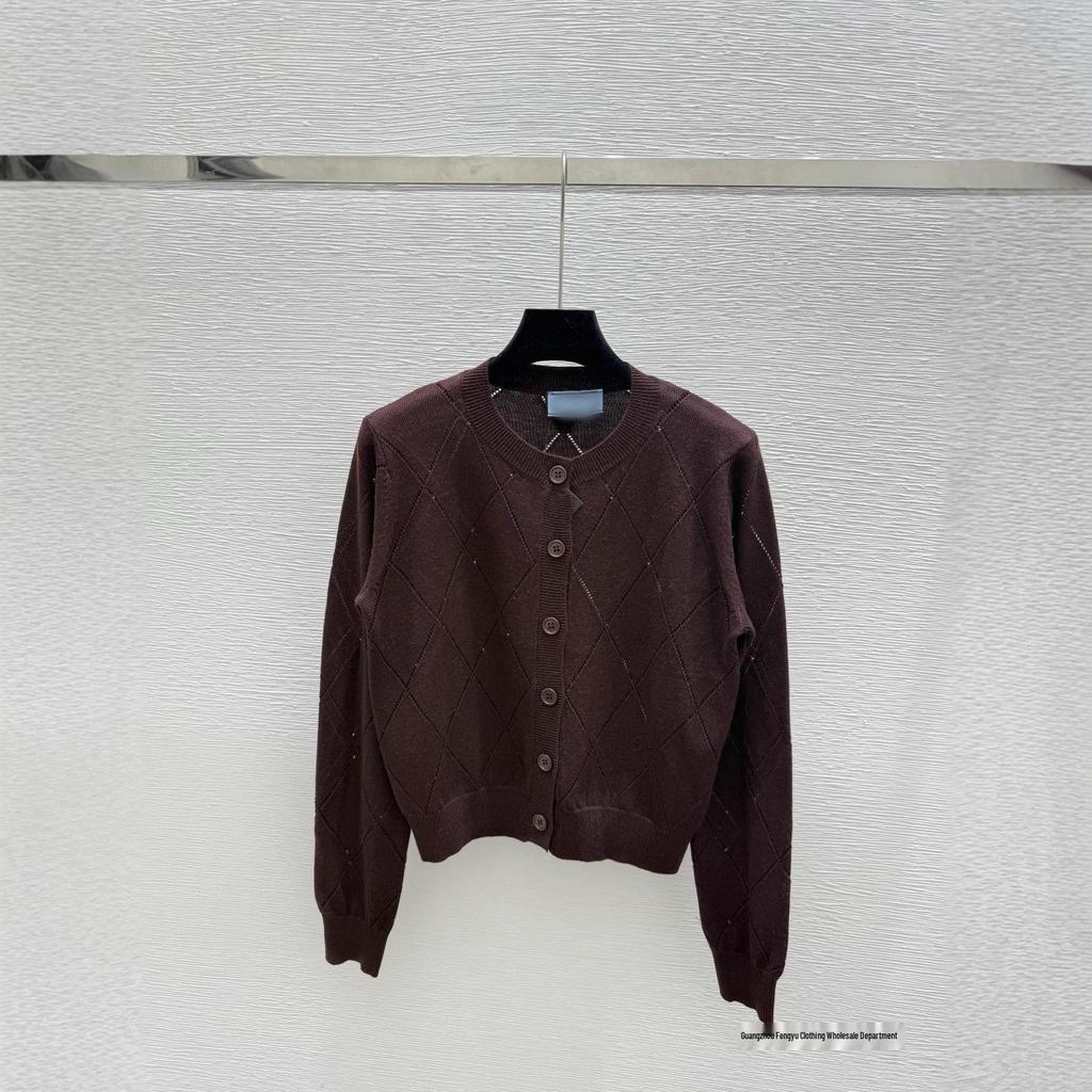 Early Autumn Hollow Grid Round Neck Long Sleeve Knitted Cardigan