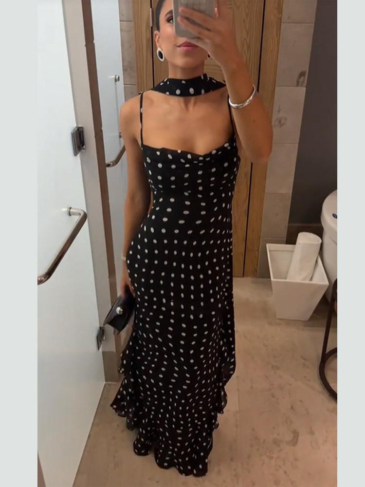 

Black and White Polka Dot Halterneck Maxi Dress with Ruffled Hem and Drape S чёрный