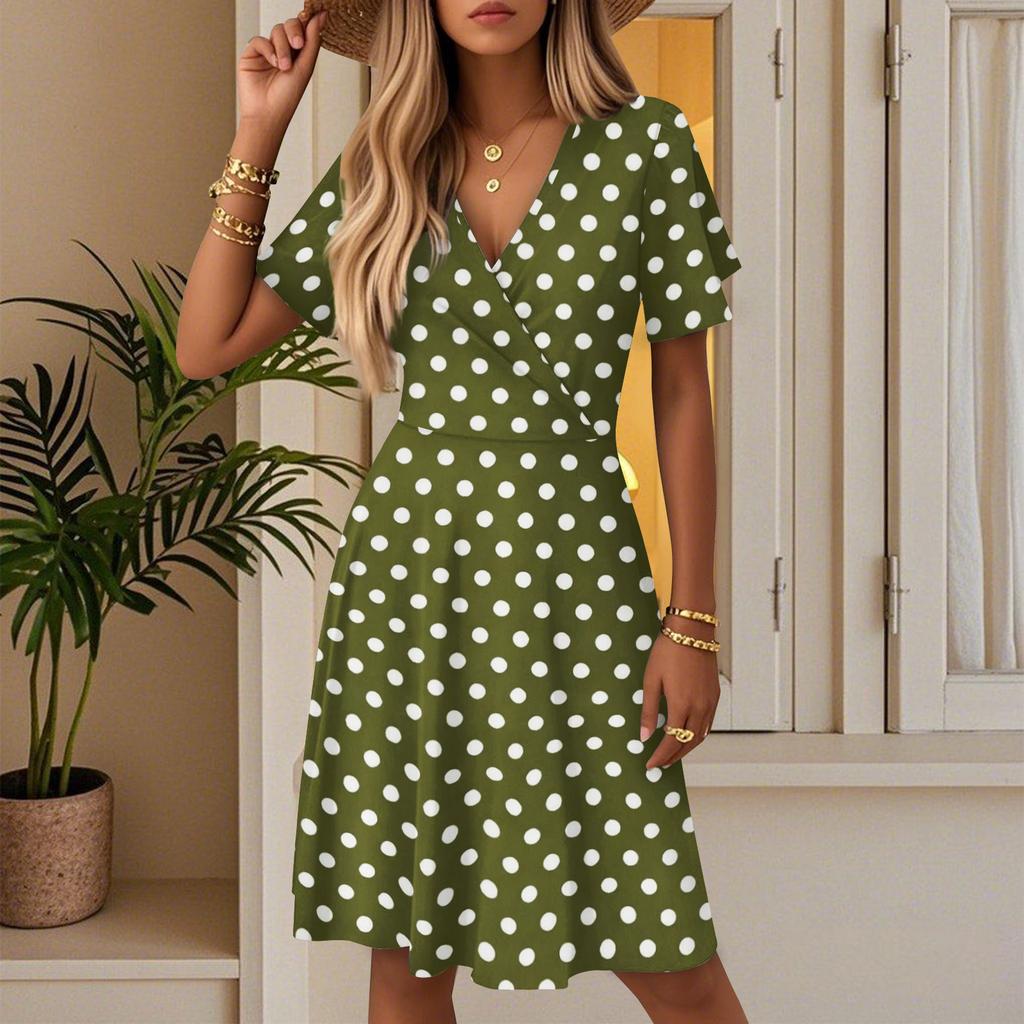 Women Wrap V Neck Polka Dot Short Sleeve Midi Dress with Ruffle Hem and Adjustable Waist Tie for Casual Wear