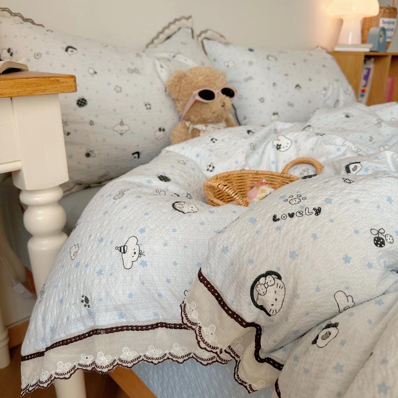 Korean French Style Hollow Lace Puff Cotton Bedding Set, Girly Duvet Cover - Available As 4-Piece or 3-Piece Set