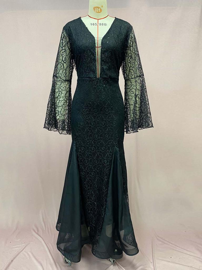 Elegant 2025 Black Lace Embroidered Fishtail Evening Dress for Women