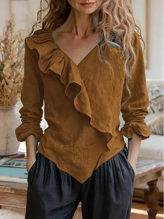 Women's Solid Color V-Neck Long Sleeve Casual Ruffle Cotton Linen Top 2026