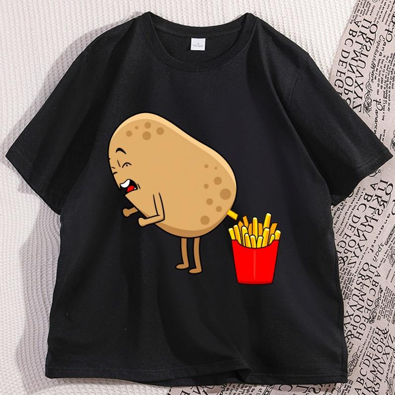 Funny Potato Fries Cartoon T Shirt Kawaii Food Humor Tshirt for Men Women Casual Loose Printed Tshirt Short Sleeve Clothes