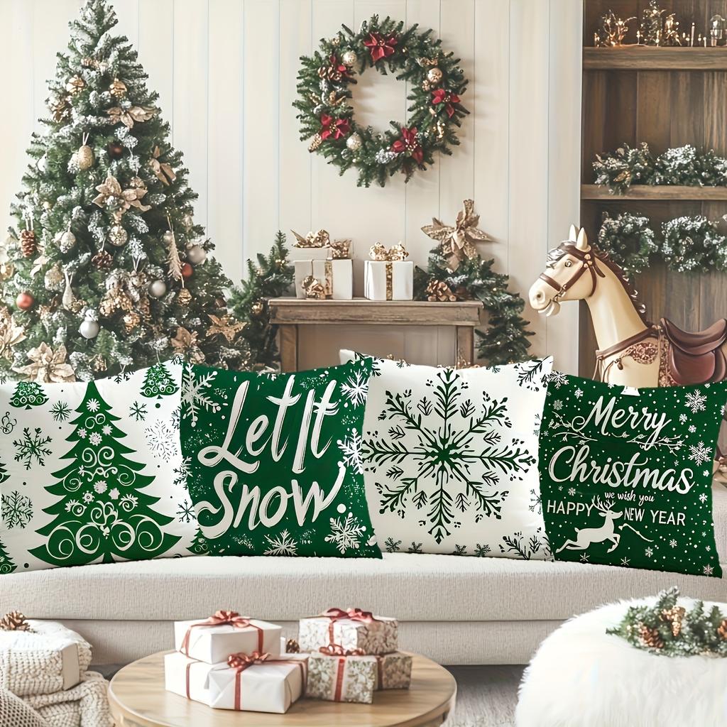 4pcs Pcs Christmas Tree & Snowflake Throw Pillow Covers - Double-Sided Zipper Cushion Cases Suitable Bedroom Car Office, Machine Washable Green Snowfl