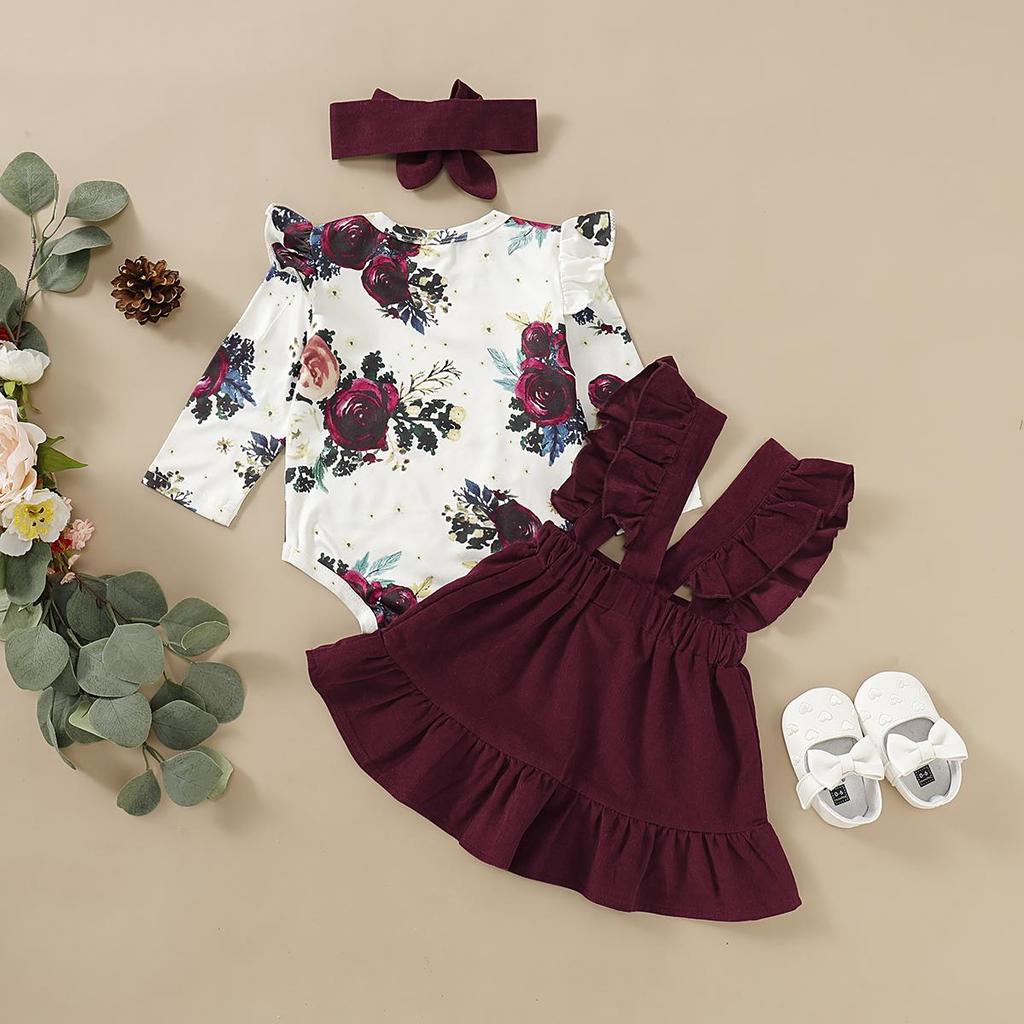 Newborn Baby Girl Clothes Set Floral Long Sleeve Romper Suspender Ruffle Dress and Bowknot Headband 3Pcs Outfit for 0-18 Months