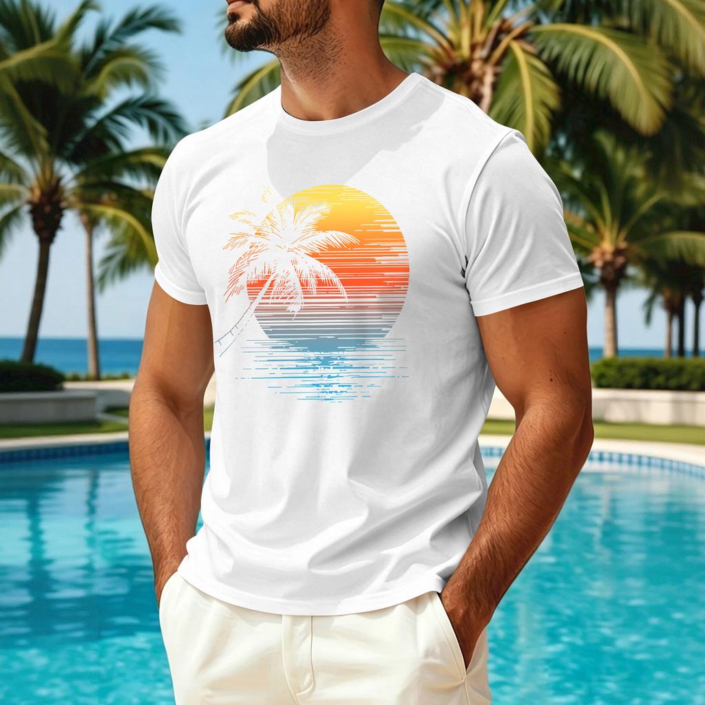 Men Summer Hawaiian Print Crew Neck Ice Silk Top Casual Sun Quick Dry Short Sleeve Shirt for Outdoor Sports