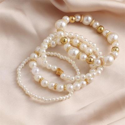 European-American Love Pearl Bracelet Set: 4 Multi-Layer Retro-Style French Bracelets