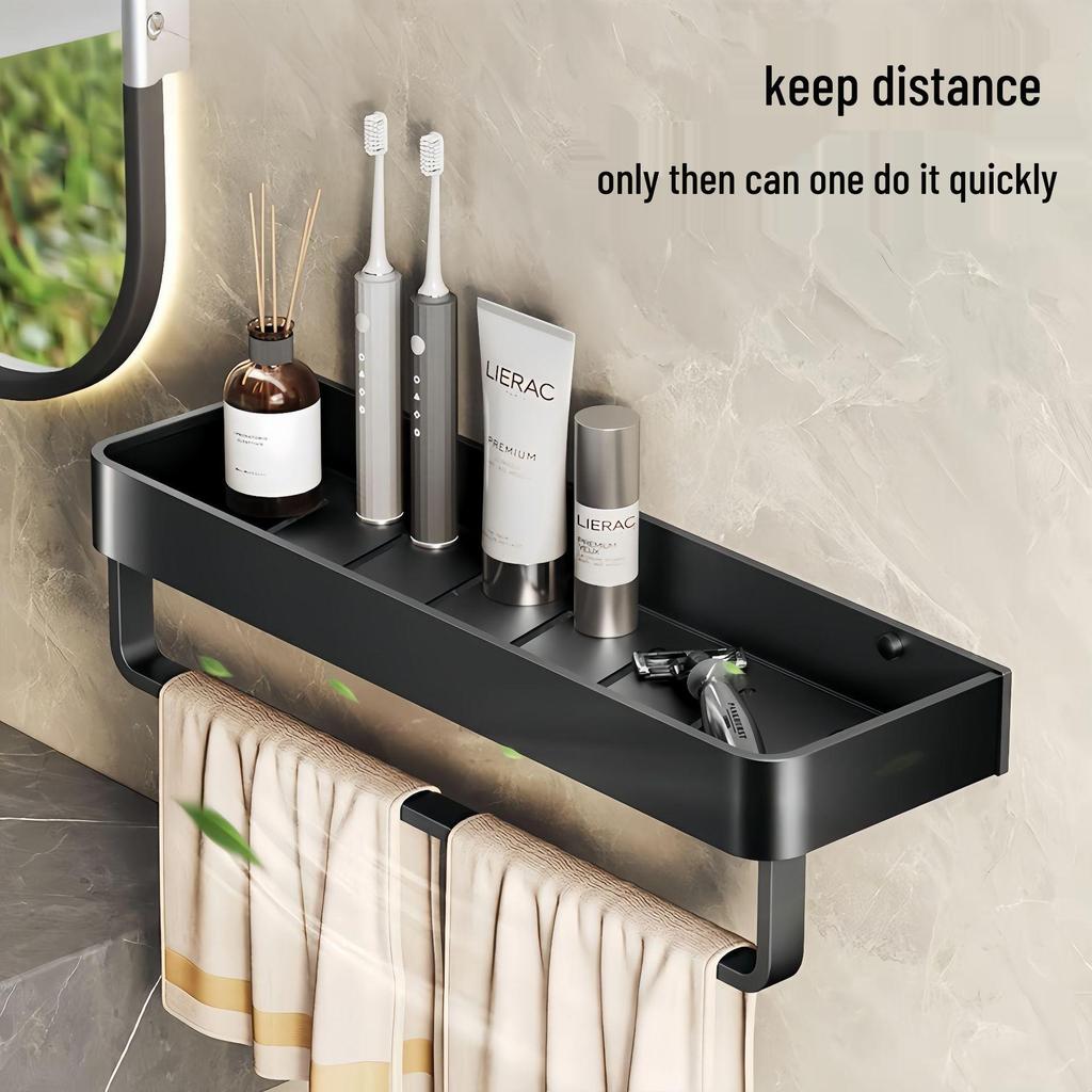 Black Space-Saving Aluminum Wall Shelf & Towel Rack - No Drilling Needed