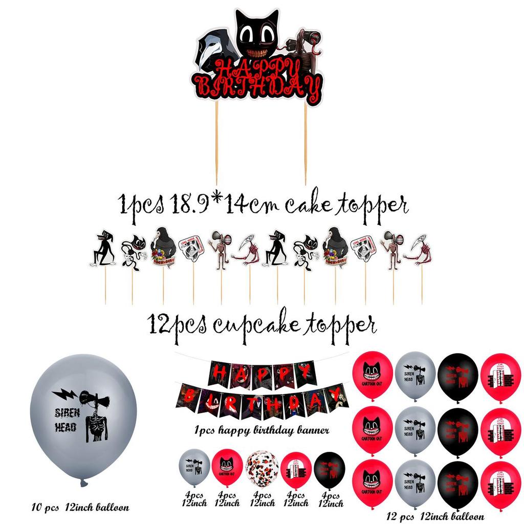 Siren Head Cartoon Cat Horror Theme Birthday Party Balloon Banner Cake Topper Set