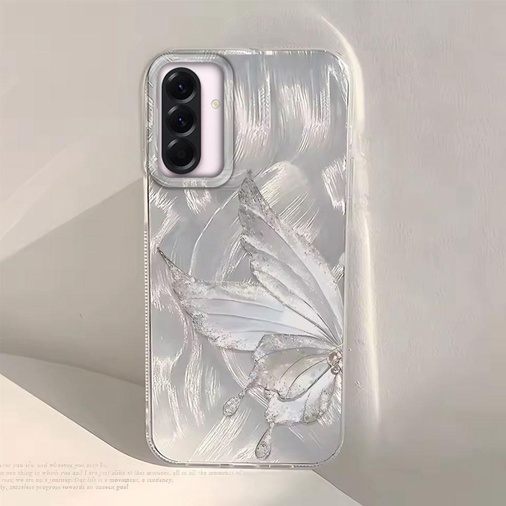 

Роскошный чехол для телефона с текстурой бабочки цвета лазерного серебра для Samsung Galaxy A55 A56 A36 A26 A16 A54 A06 A53, силиконовая задняя крышка Samsung A56-A36 белый