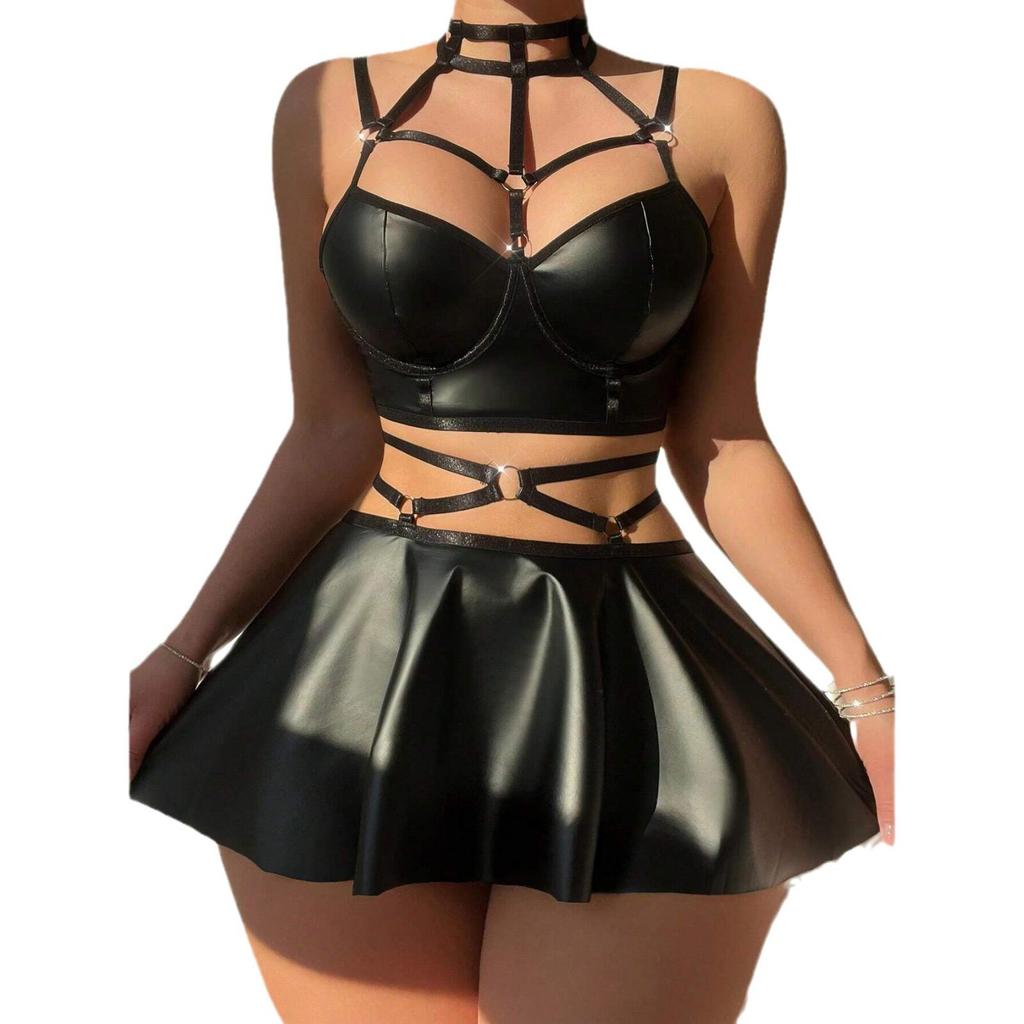 European and American Style Sexy Nightclub Halterneck Leather Bra and Mini Skirt Lingerie Set