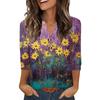 Ladies' Fashionable And Casual Floral Printed Three-quarter Sleeve Loose V-neck Button Shirt