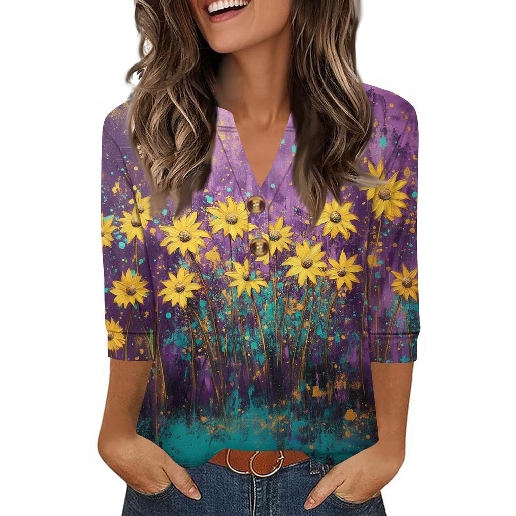 Ladies' Fashionable And Casual Floral Printed Three-quarter Sleeve Loose V-neck Button Shirt