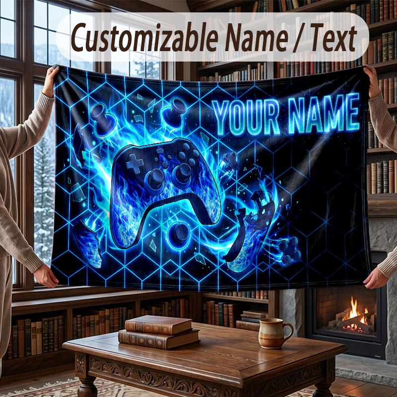 Game Controller Theme Throw Blanket Custom Name Text Personalized Blanket Soft Cozy Blanket for Home Sofa Bed