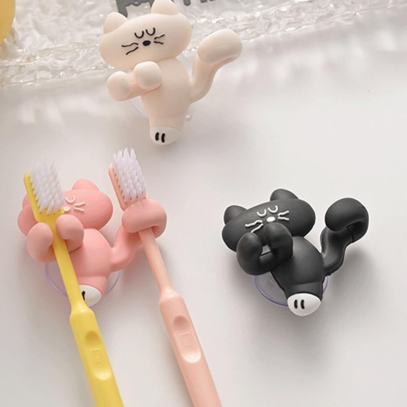 Adorable Cat Silicone Suction Cup Toothbrush Holder Wall Mounted Easy Clean Waterproof Bathroom Storage Accessory