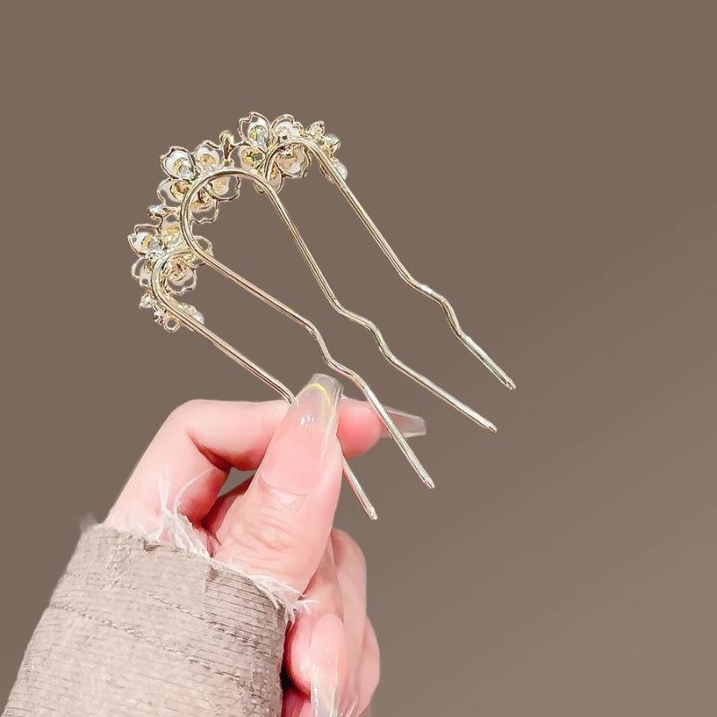 1Pcs Elegant Pearl Flower Hair Combs Pins French Retro Bun Hair Accessories Women Daily U-Shaped Hairpin Female Alloy Hair Clasp