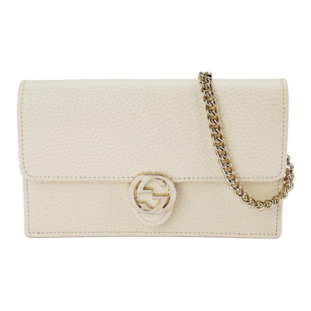 GUCCI Logo Double G Logo Lychee Pattern Cowhide Mailman Bag Envelope Bag Chain Bag Wallet Shoulder Crossbody Bag Small Women's Size White