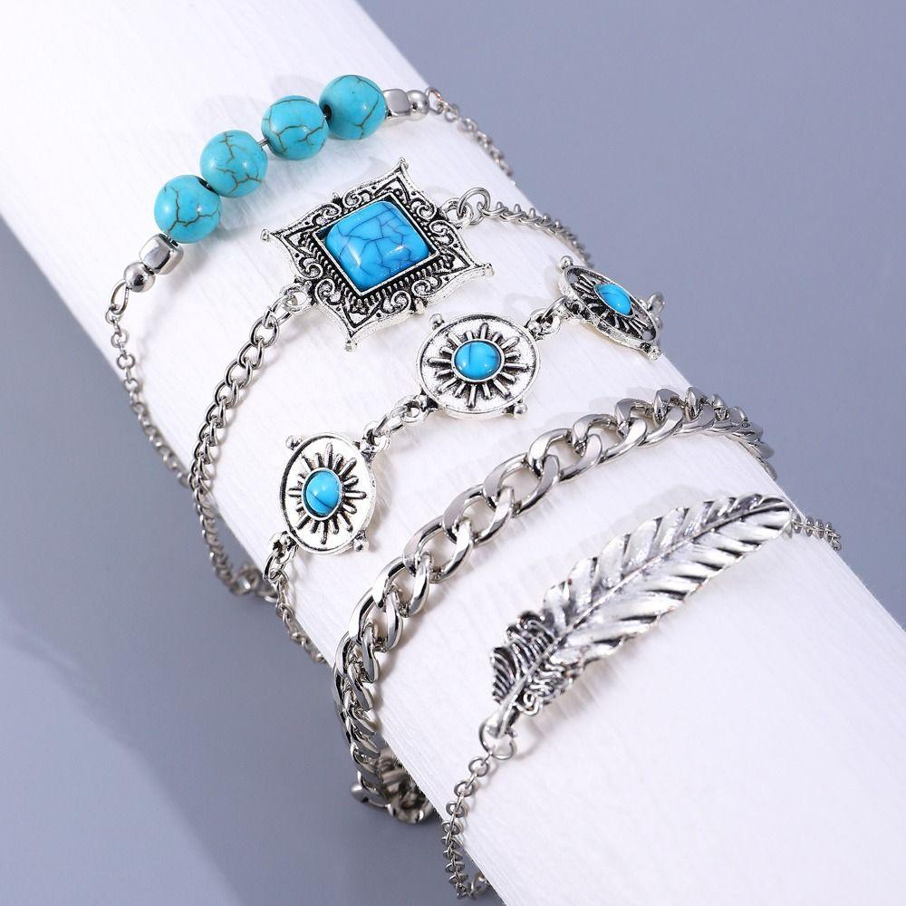 Pearl Multilayer Turquoise Wristband Beads Bohemian Style Hand Chain Turquoise Bracelet Set  Beach