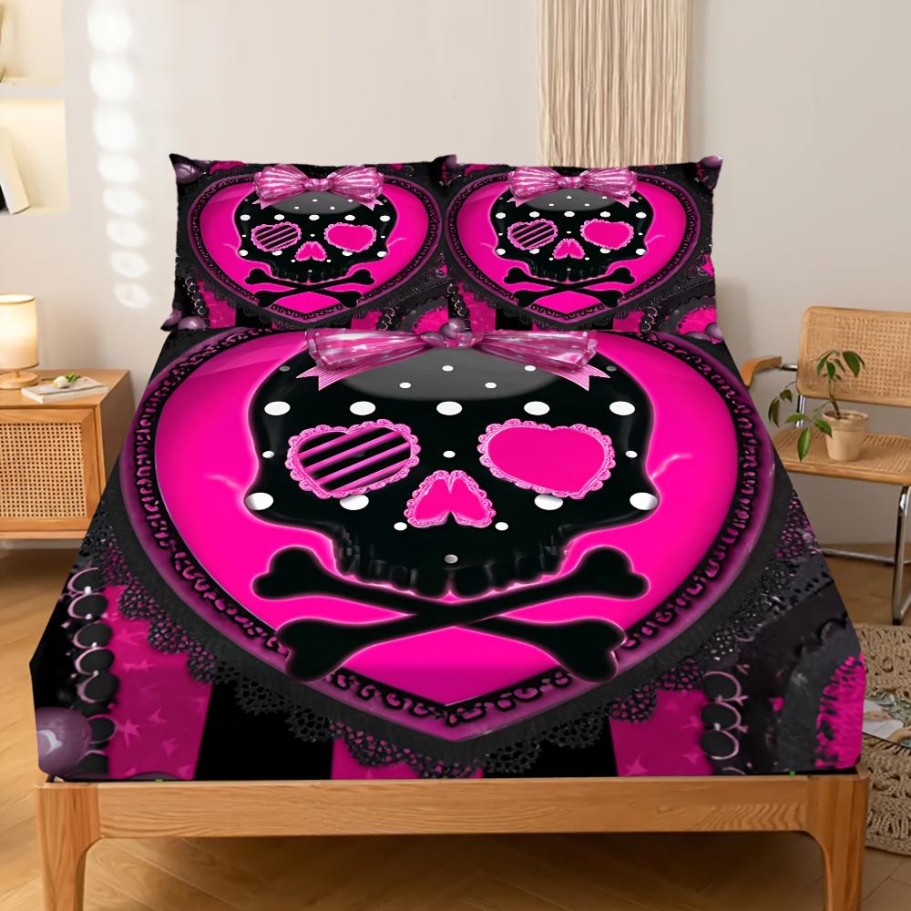 1pc Fitted Sheet Black Red Skull 3D Printed 100% Polyester Cover Breathable Bedding Set for Home Decor without Pillowcases