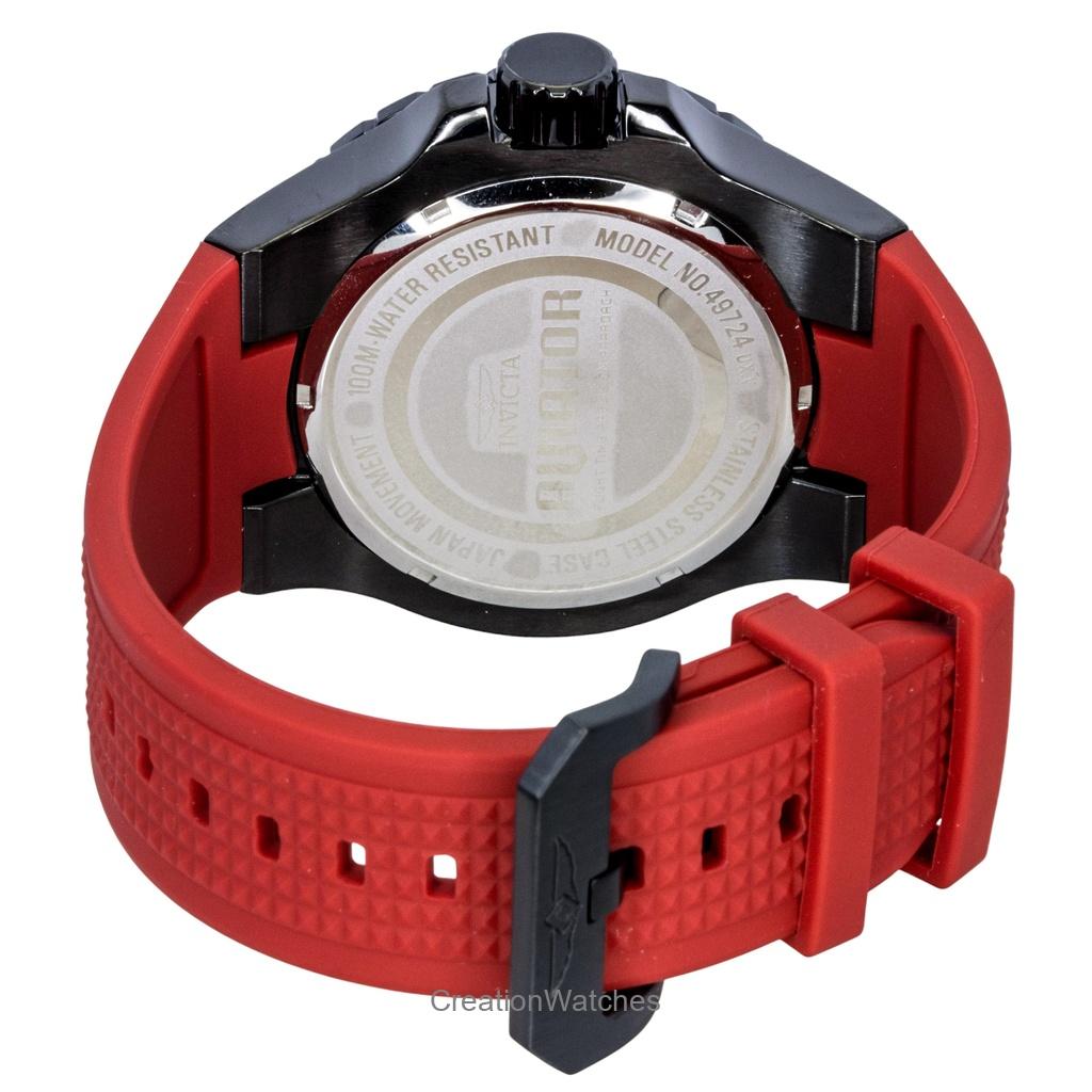 Invicta Aviator Red Silicone Strap Gunmetal Dial Quartz 49724 100M Men's Watch