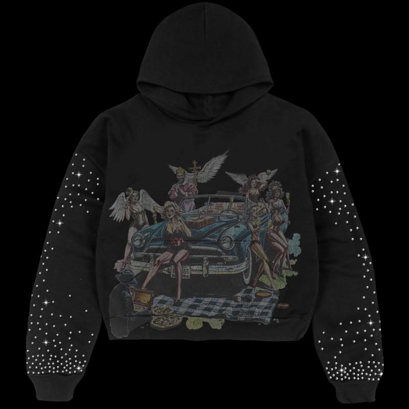Unisex Retro Streetwear Hoodie With Graphic Print Rhinestone Embellishment Gothic Punk Style Fall Winter Collection