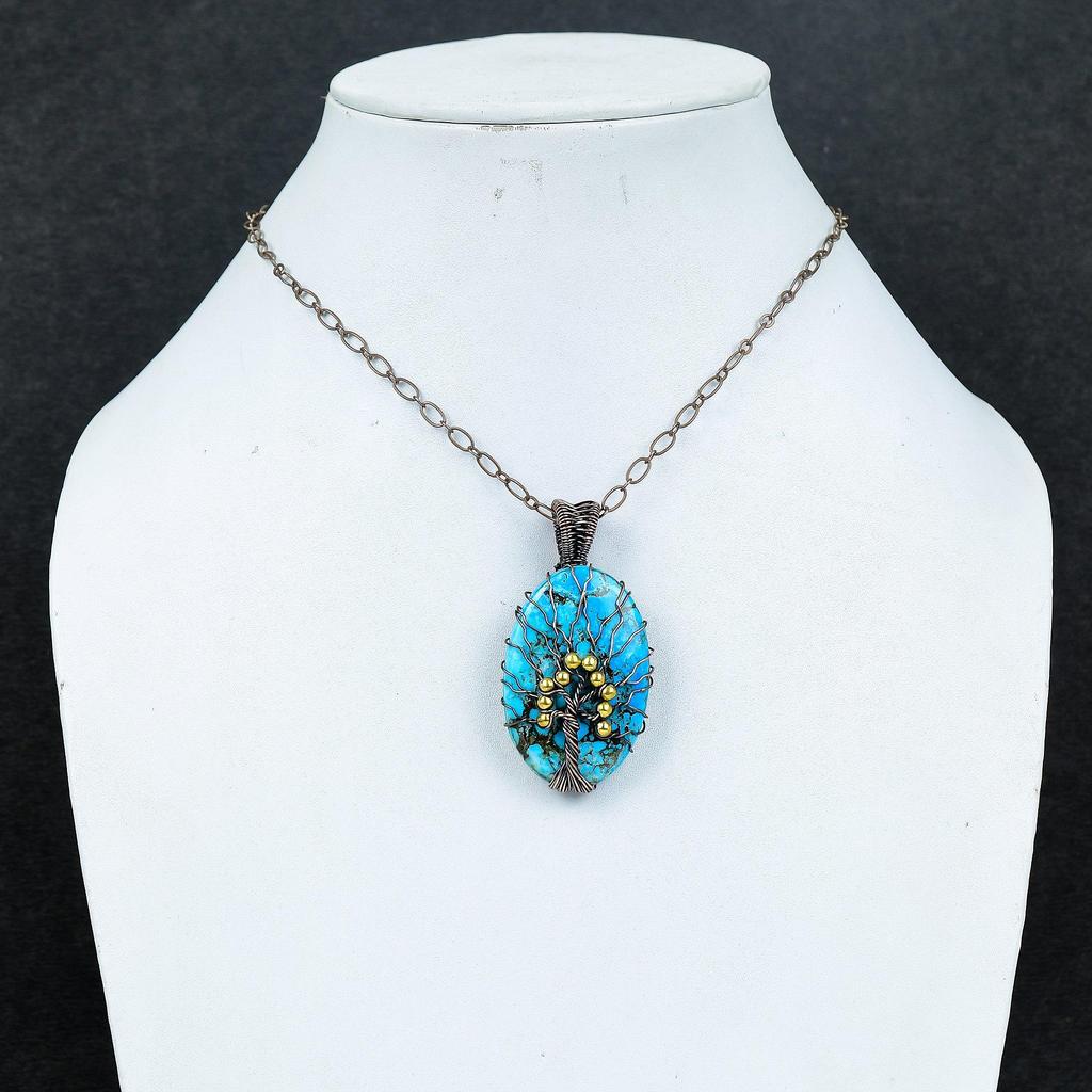Tree Of Life Blue Turquoise Handmade Gemstone Pendant, 999 Copper Wire Wrapped Antique Jewelry Pendant, For Engagement Gift