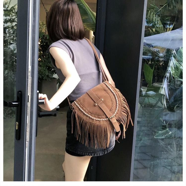 Tassel Bag Brown Retro Western Denim Bag Niche Ethnic Bohemian Messenger Bag Women's Trendy Shoulder Bag