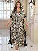 Women's Elegant Zebra Print Kaftan Dress V-Neck Long Sleeve Maxi Caftan Loose Fit Loungewear Gold Trim Beach Resort Evening Q1615-8766