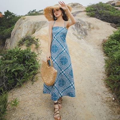 Dámské letní šaty s ramínky na zádech, bez zad, s halter krkem, vintage, středně dlouhé, na dovolenou