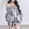 Women Off Shoulder Long Sleeve Sweatshirt Fold Over Neck Loose Oversized Casual Pullover Top With Pockets