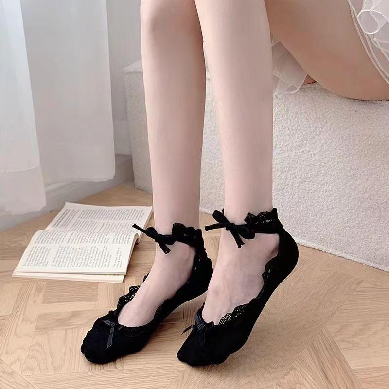 

Женские весенне-летние носки-следки балетного стиля с кружевом и бантом 1 pair чёрный