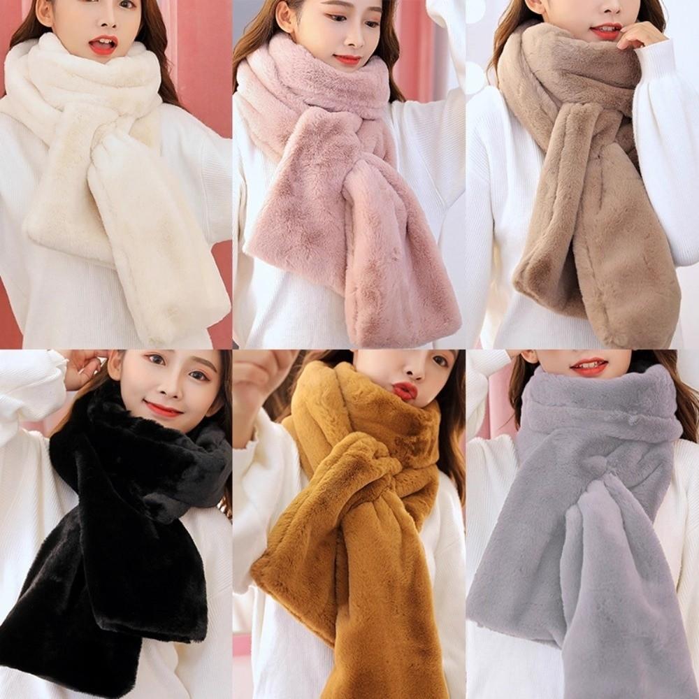 Fashion Thicken Warm Faux Fur Winter Scarf Soft Plush Cold-proof Neck Protector Windproof Solid Color Shawl Scarves for Women