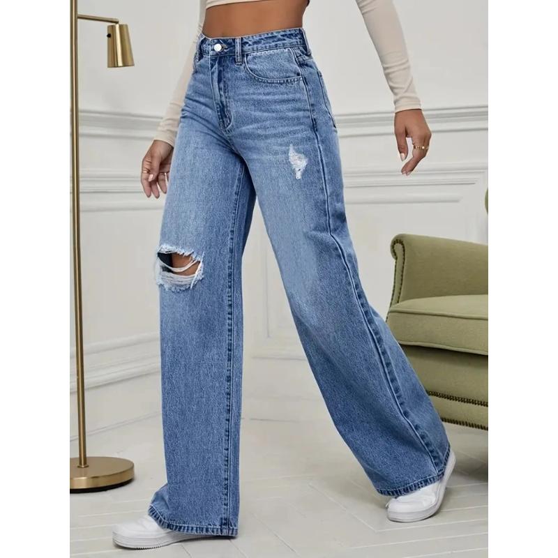 Damenjeans Denimhose Weiter Bein Vintage Used Zerrissen Hose 2026 Streetwear Gewaschen Taschen Bodenlang Loch Jeans