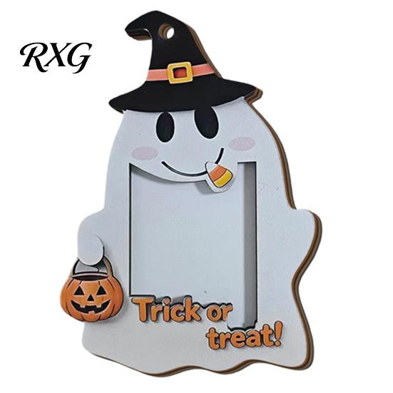 Solid Wood Photo Ornament Halloween Cute Ghost Wooden Frame with Hanging Rope, Creative Family Display Picture for Holiday Party Decor And Home