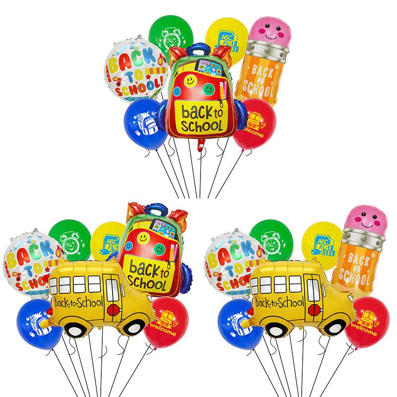 School Season Arrangement Balloon Set Back To School Decoration Schoolbag Pencil School Bus Modeling Classroom Decoration Photo