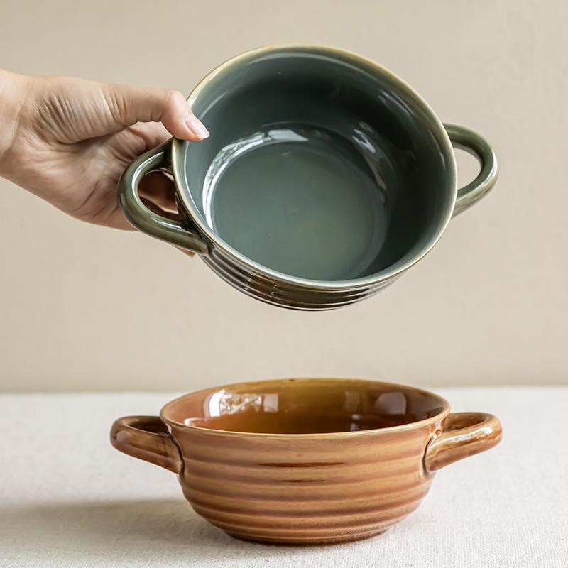 Retro Creative Ring Pattern Ceramic Binaural Bowl Salad Bowl Household Solid Color Tableware Bowl Irregular Soup Bowl Fruit Bowl