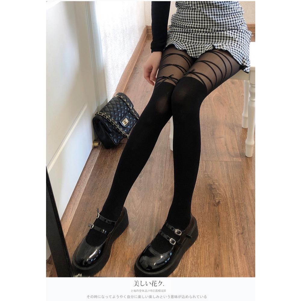Japanese Jk Black Fake Thigh Pantyhose Autumn White Strap Bow Fake High Socks Splicing Socks Women